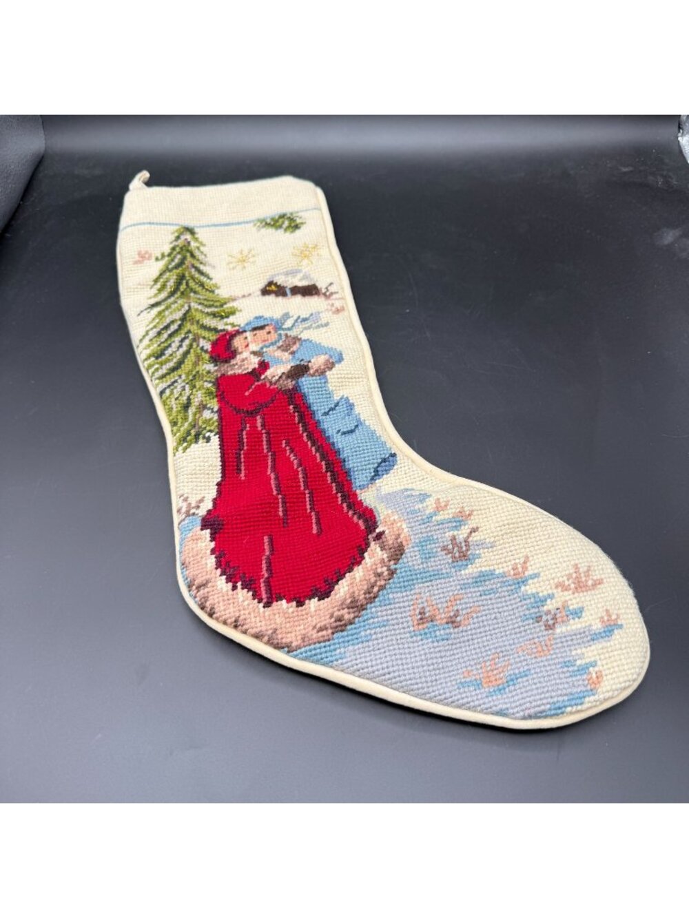 Vtg Needlepoint Christmas Stocking Victorian Carolers Winter Scene 20"